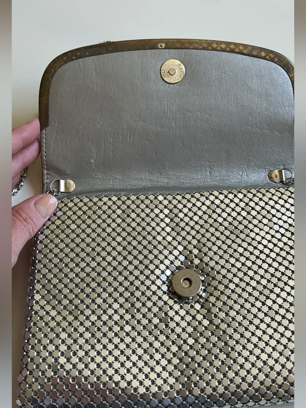 Metallic Silver Mesh Evening Clutch with Chain Strap